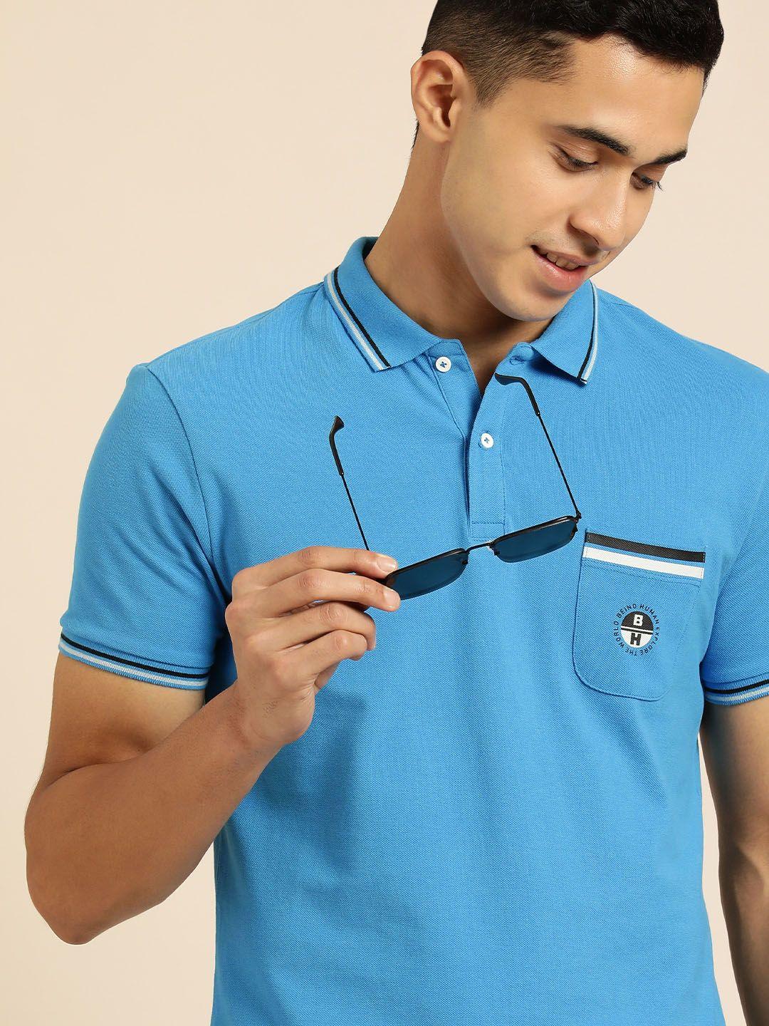 being human men blue brand logo printed pure cotton polo collar t-shirt