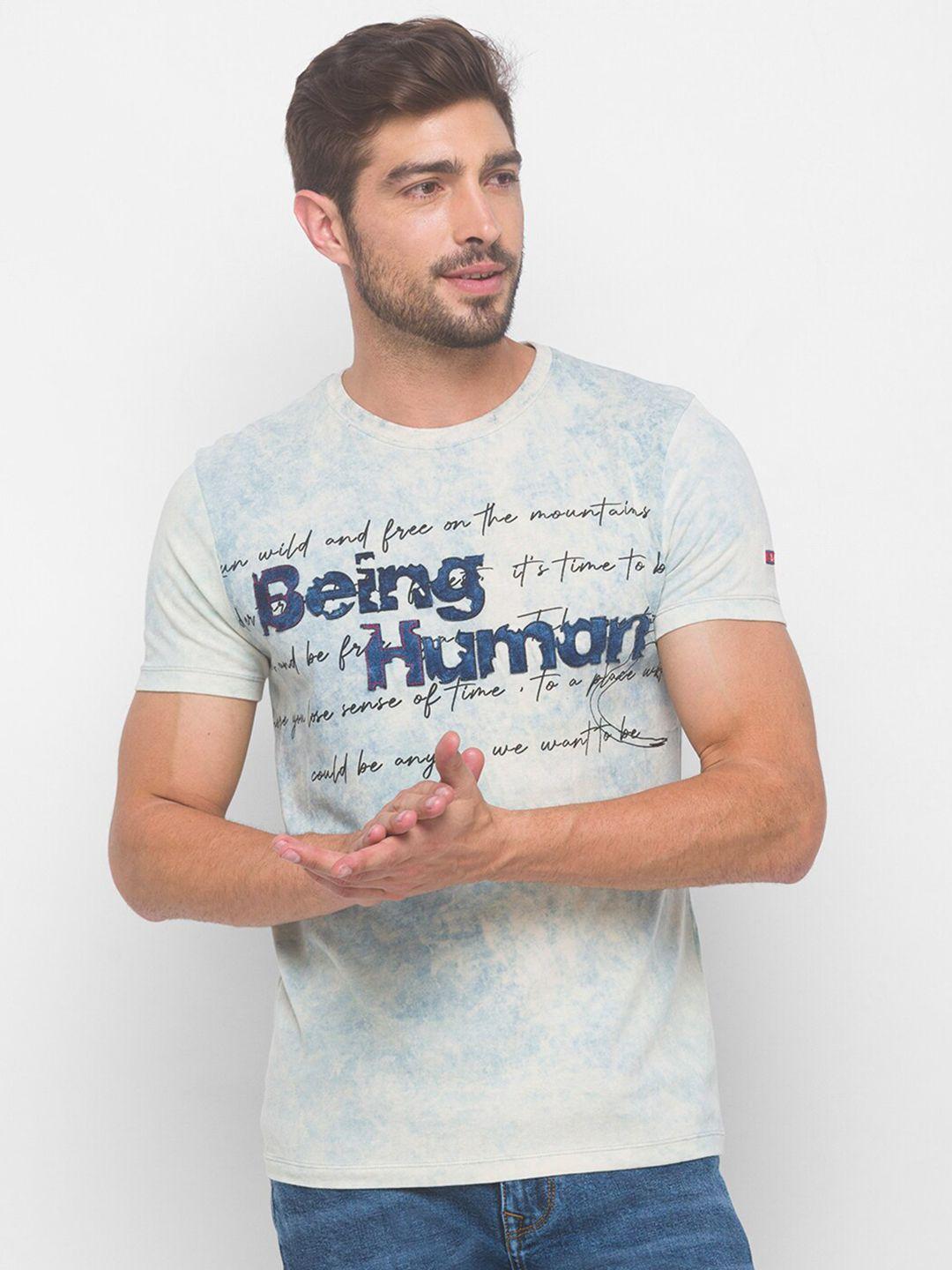 being human men blue cotton typography printed t-shirt