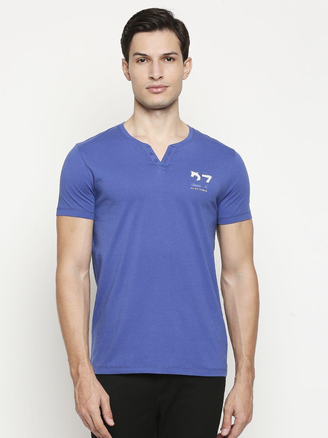 being human men blue solid henley neck pure cotton t-shirt