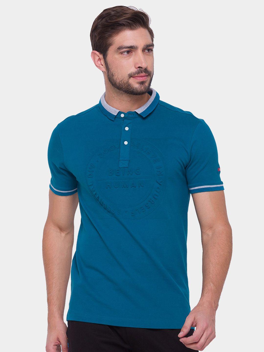 being human men blue solid polo collar t-shirt