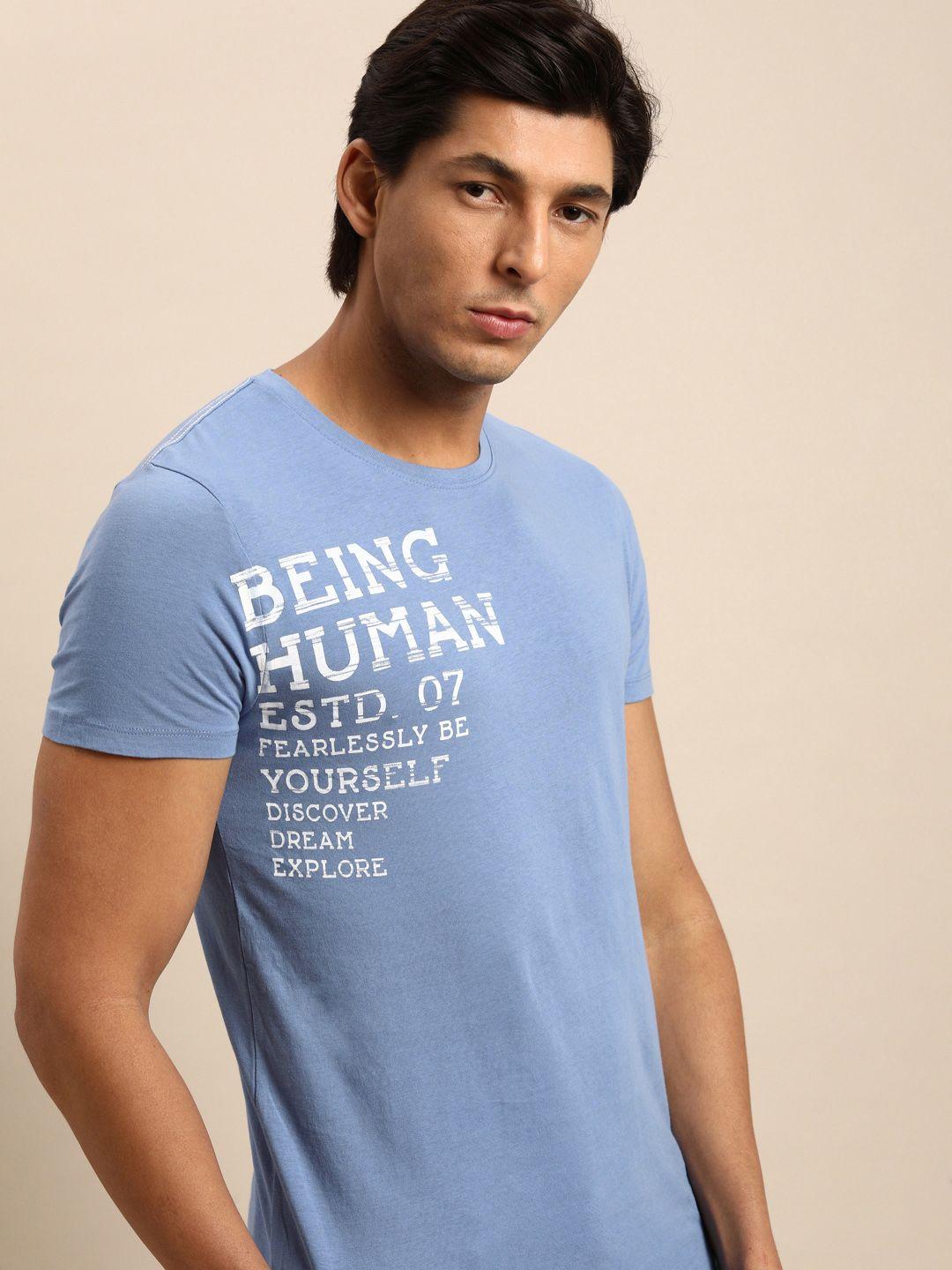 being human men blue typography printed pure cotton t-shirt