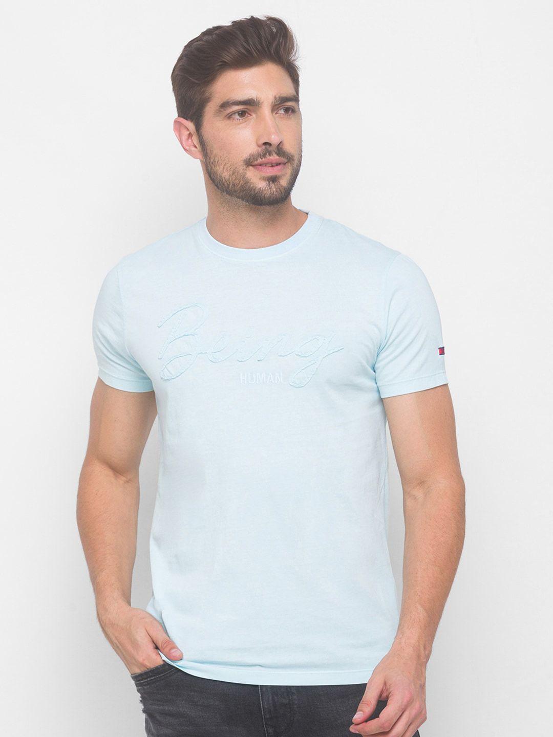 being human men blue typography pure cotton t-shirt