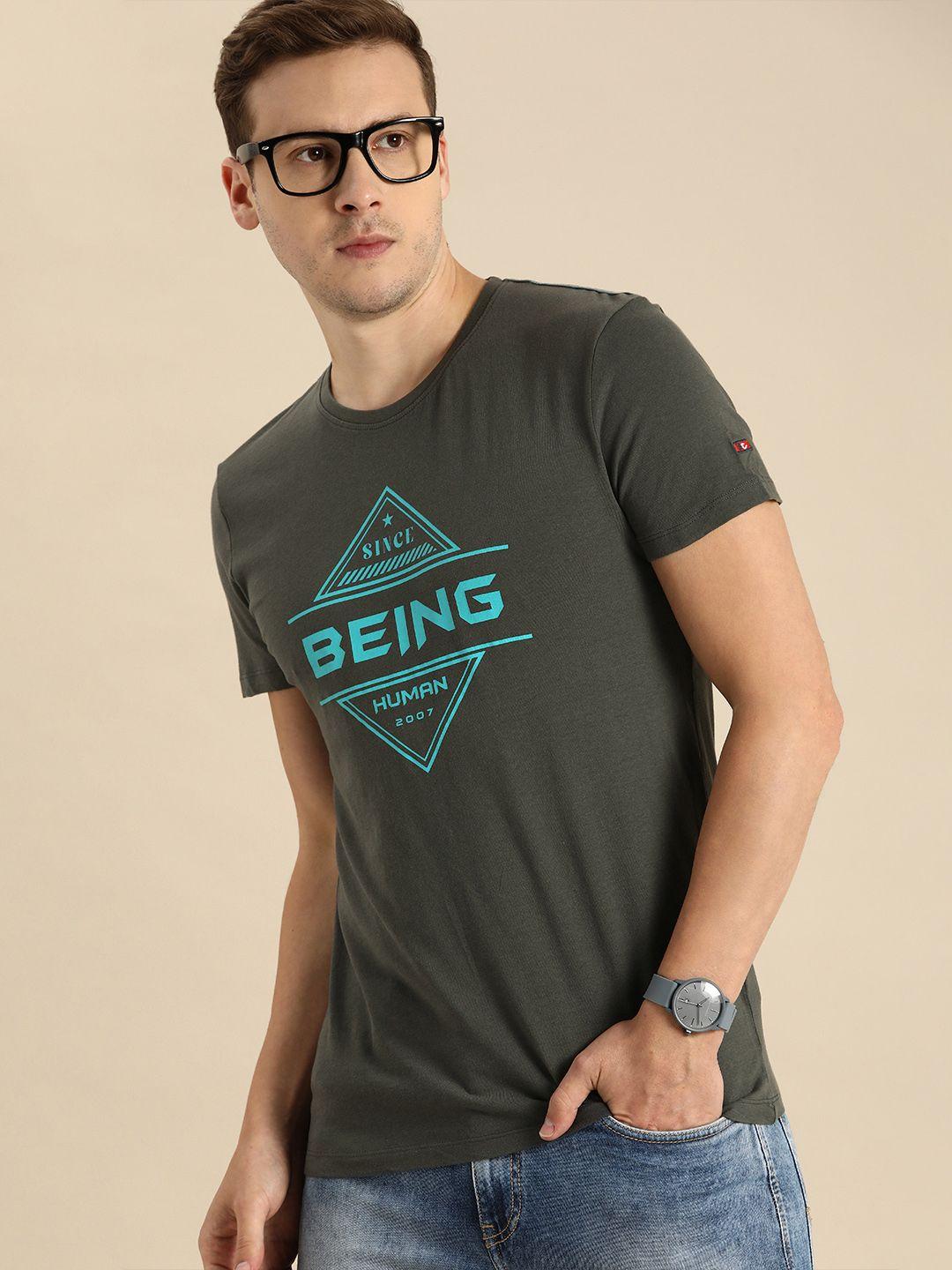 being human men charcoal grey brand logo printed pure cotton t-shirt