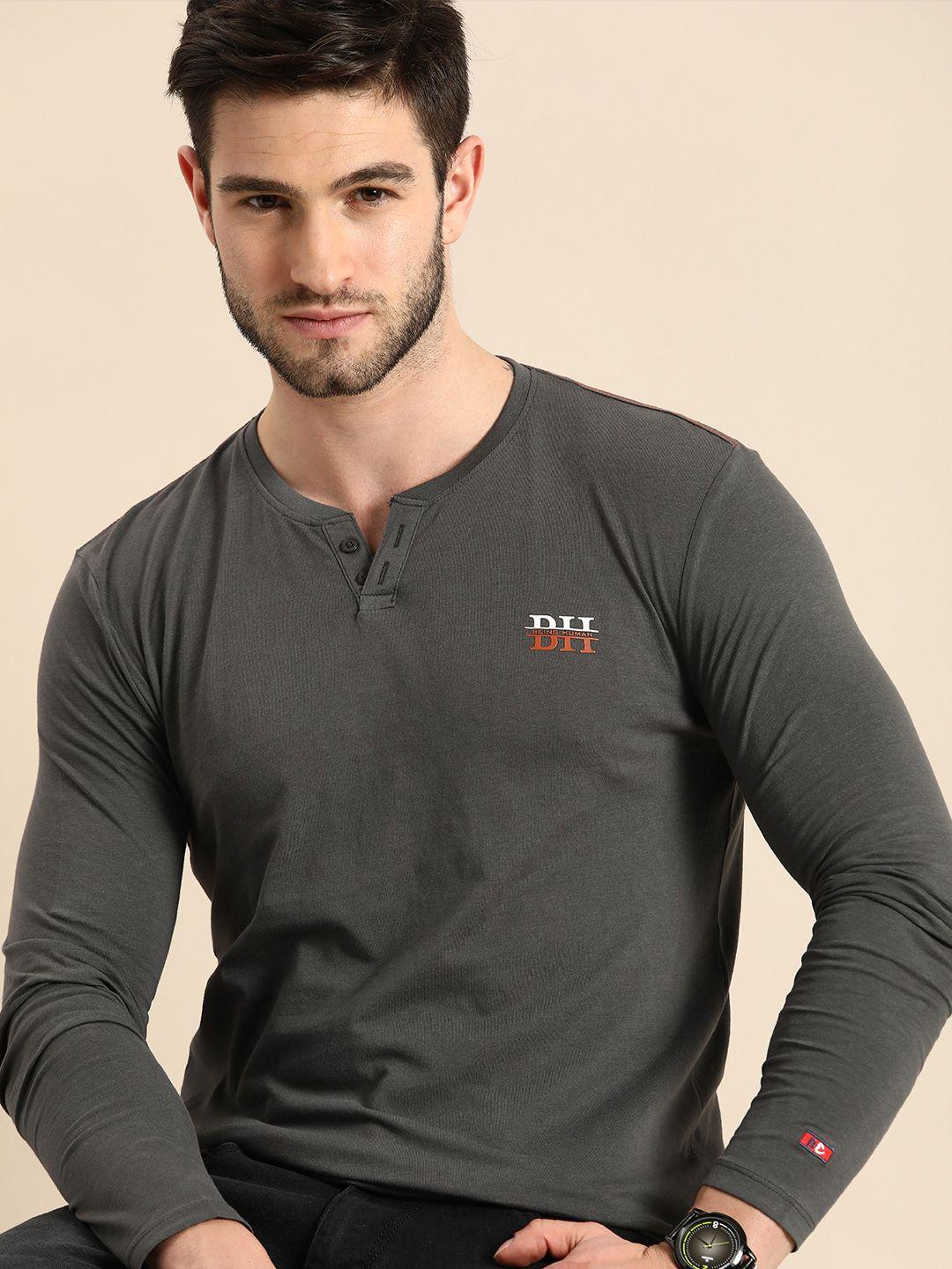 being human men charcoal grey solid henley neck pure cotton t-shirt