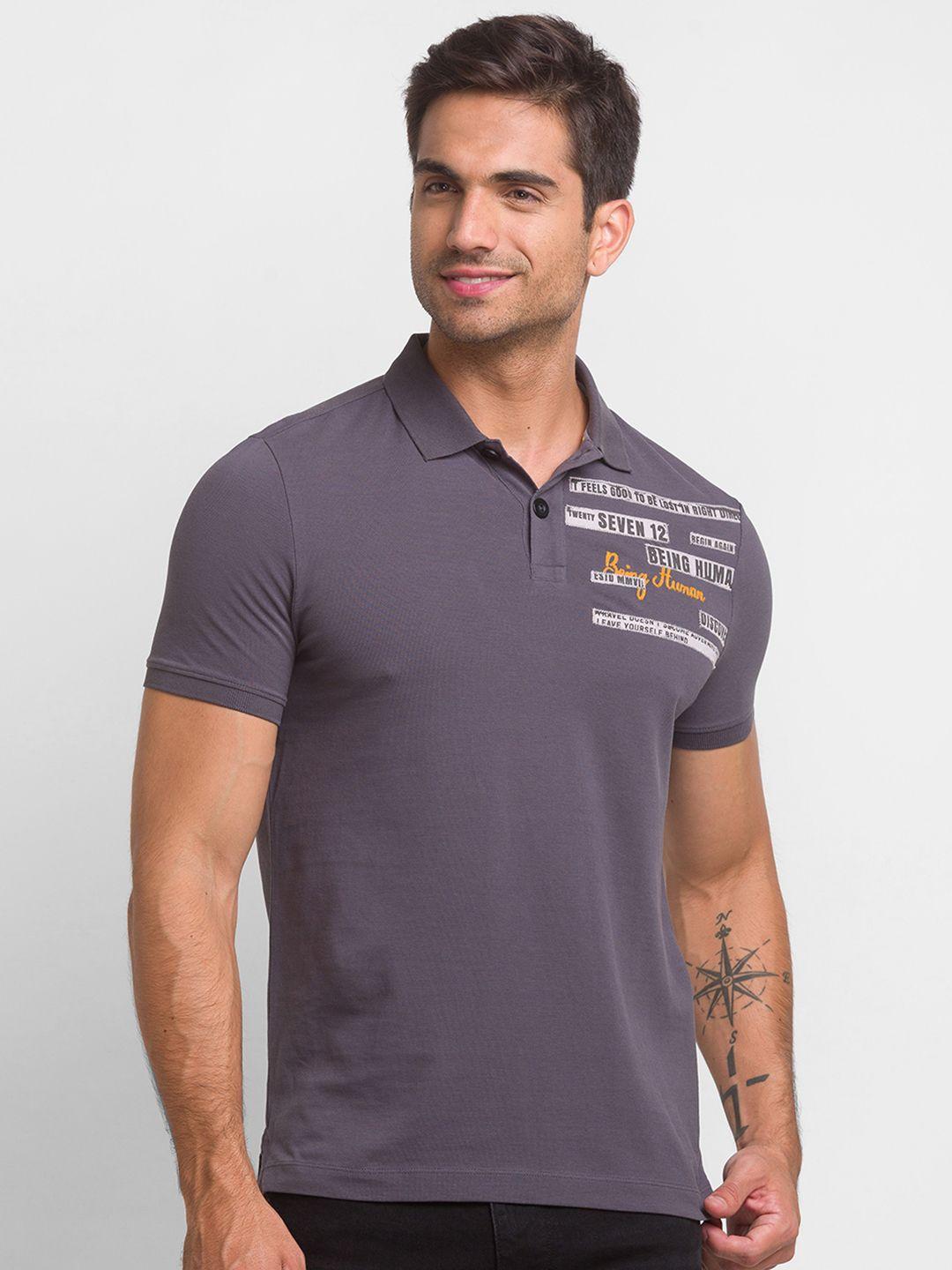 being human men charcoal typography printed polo collar t-shirt