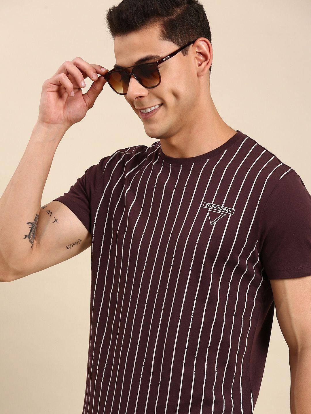 being human men coffee brown & off white striped casual t-shirt