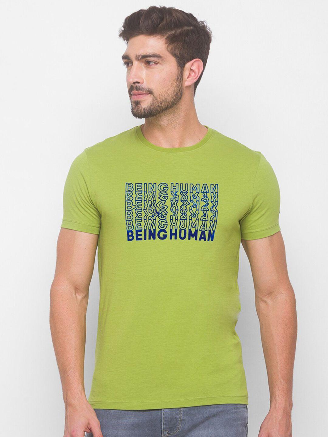 being human men green & blue printed found neck cotton t-shirt