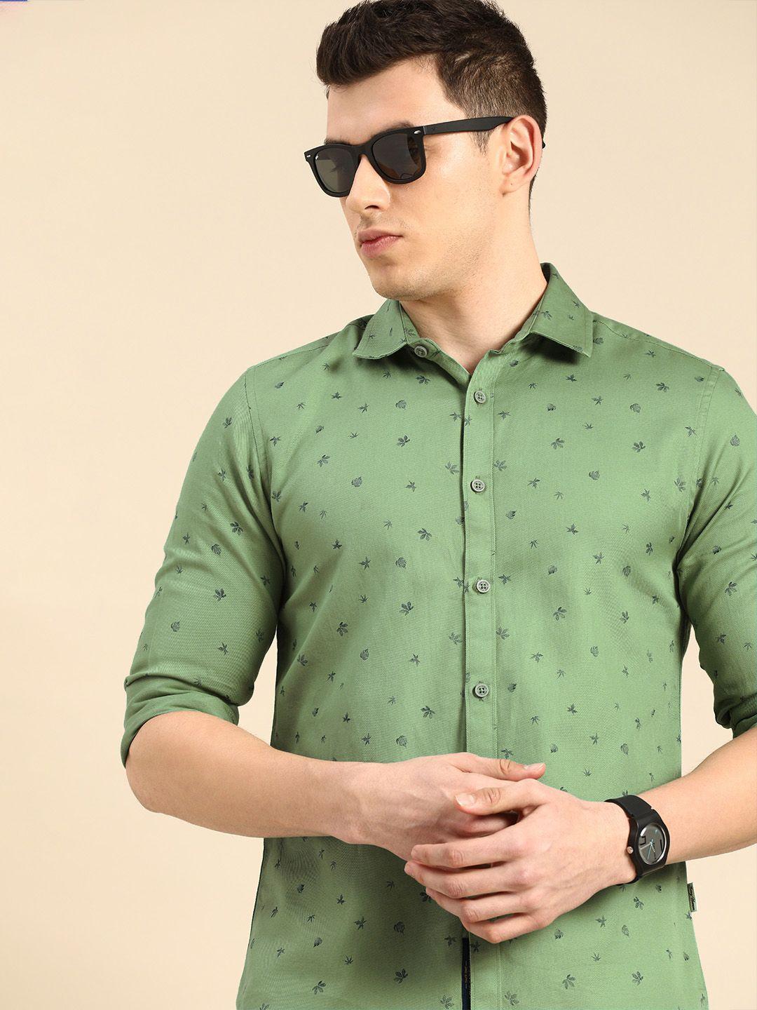 being human men green printed slim fit pure cotton casual shirt