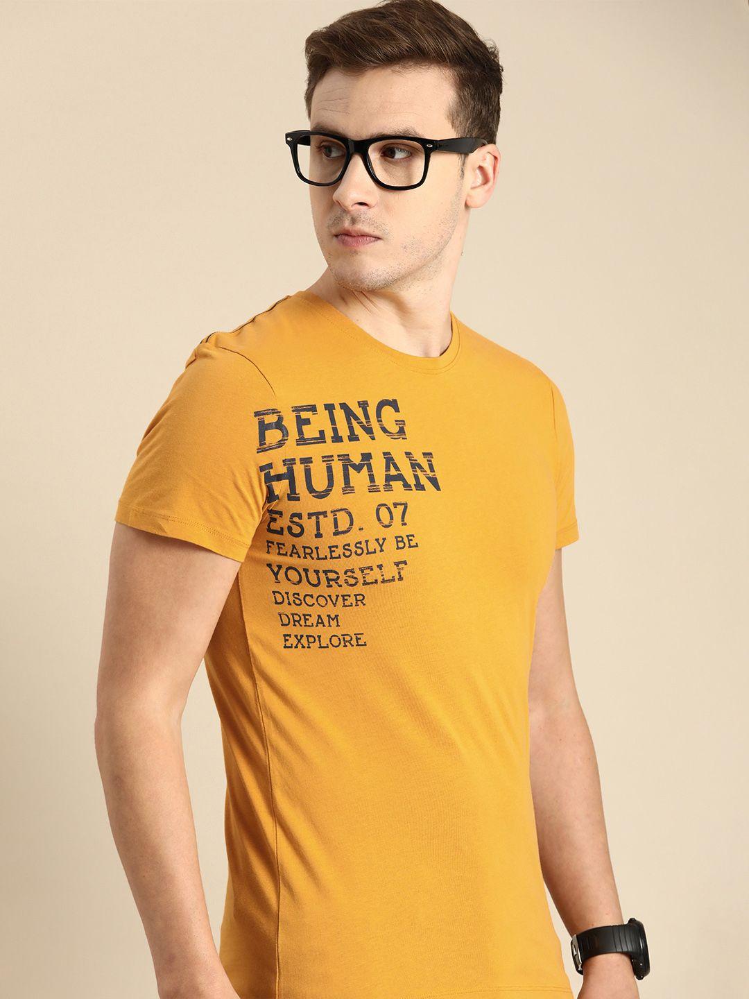 being human men mustard yellow typography printed pure cotton t-shirt