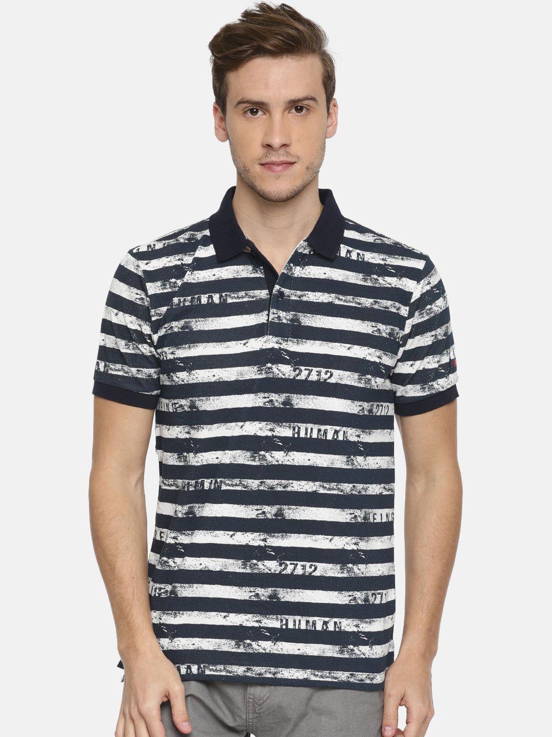 being human men navy blue  white striped polo collar pure cotton t-shirt