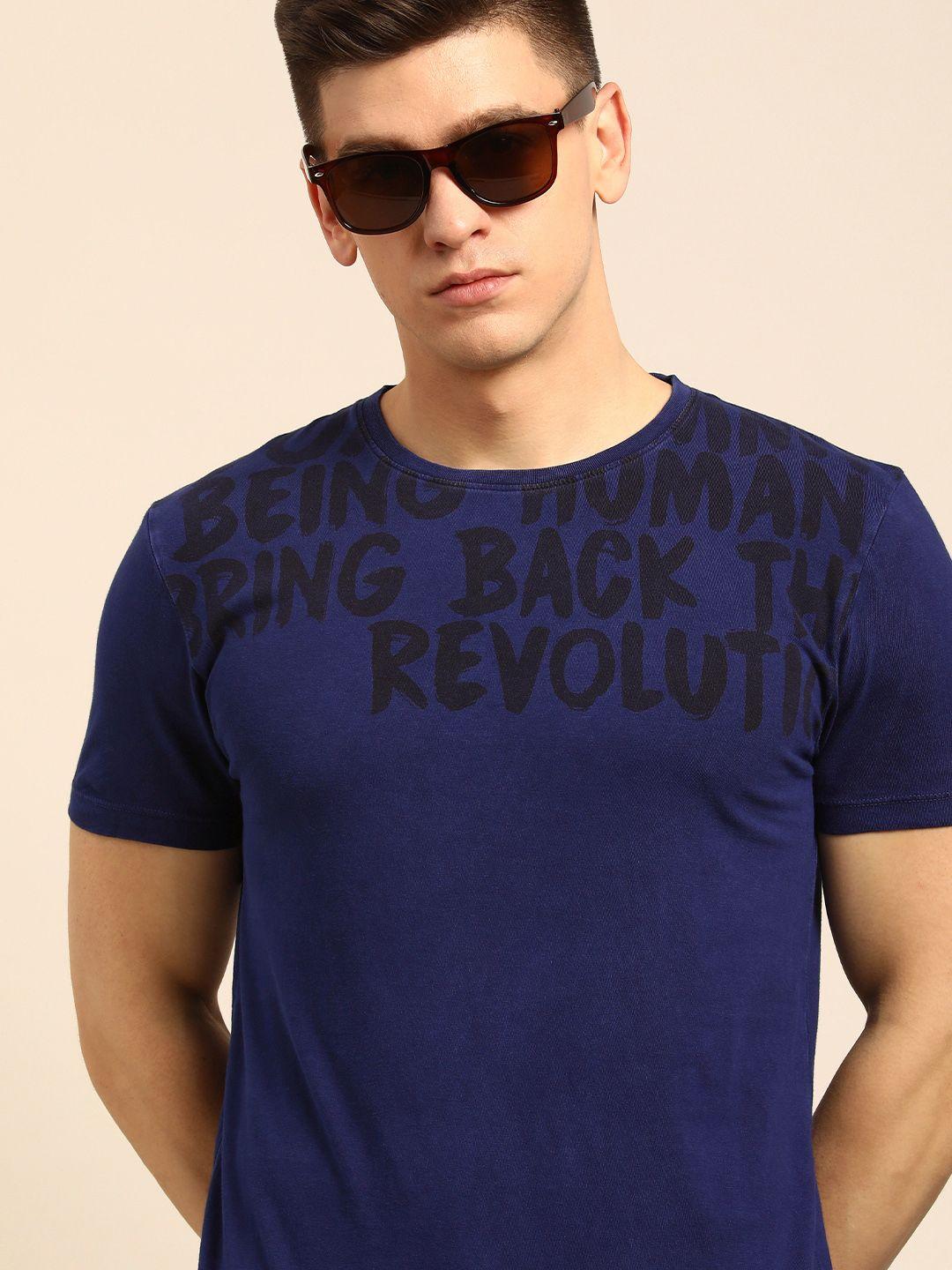 being human men navy blue brand logo printed pure cotton t-shirt