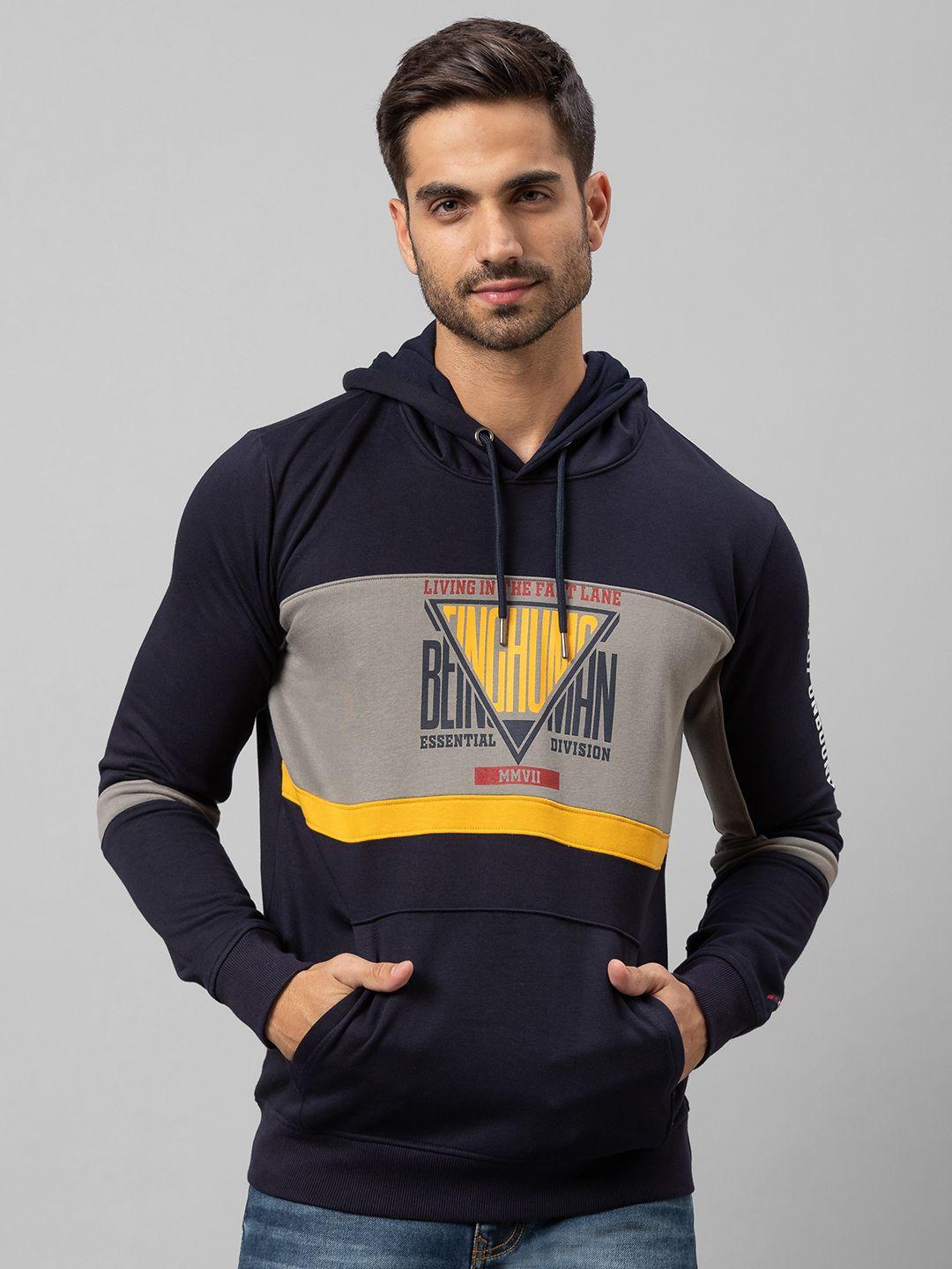 being human men navy blue colourblocked hooded sweatshirt