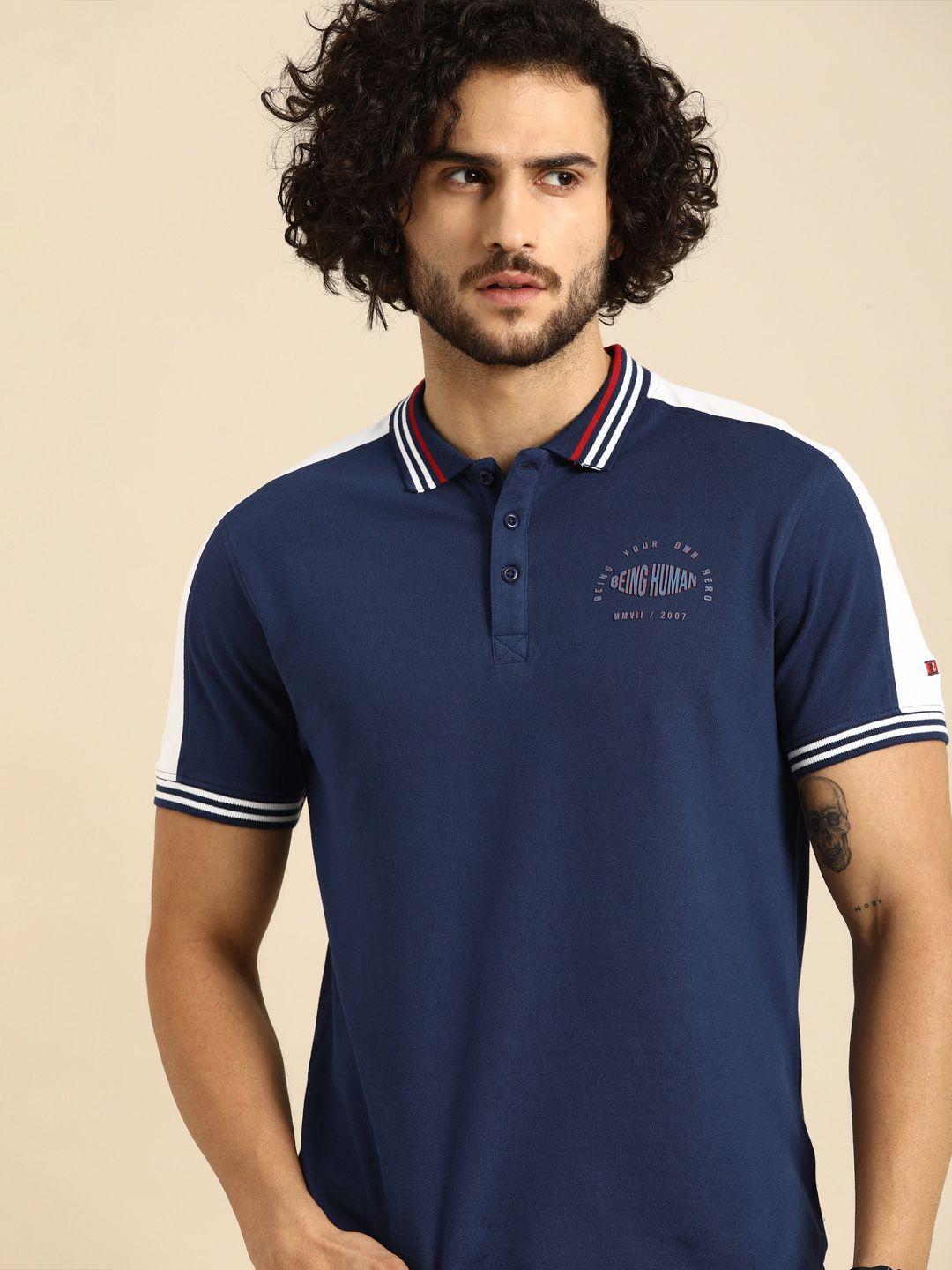 being human men navy blue printed polo collar t-shirt