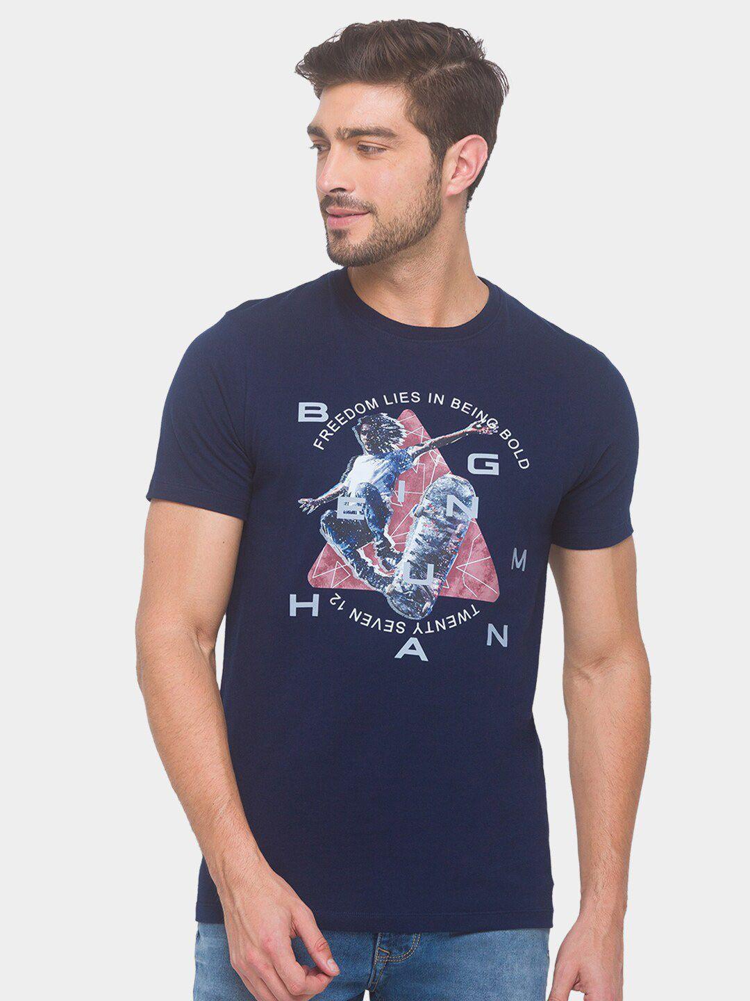 being human men navy blue printed t-shirt