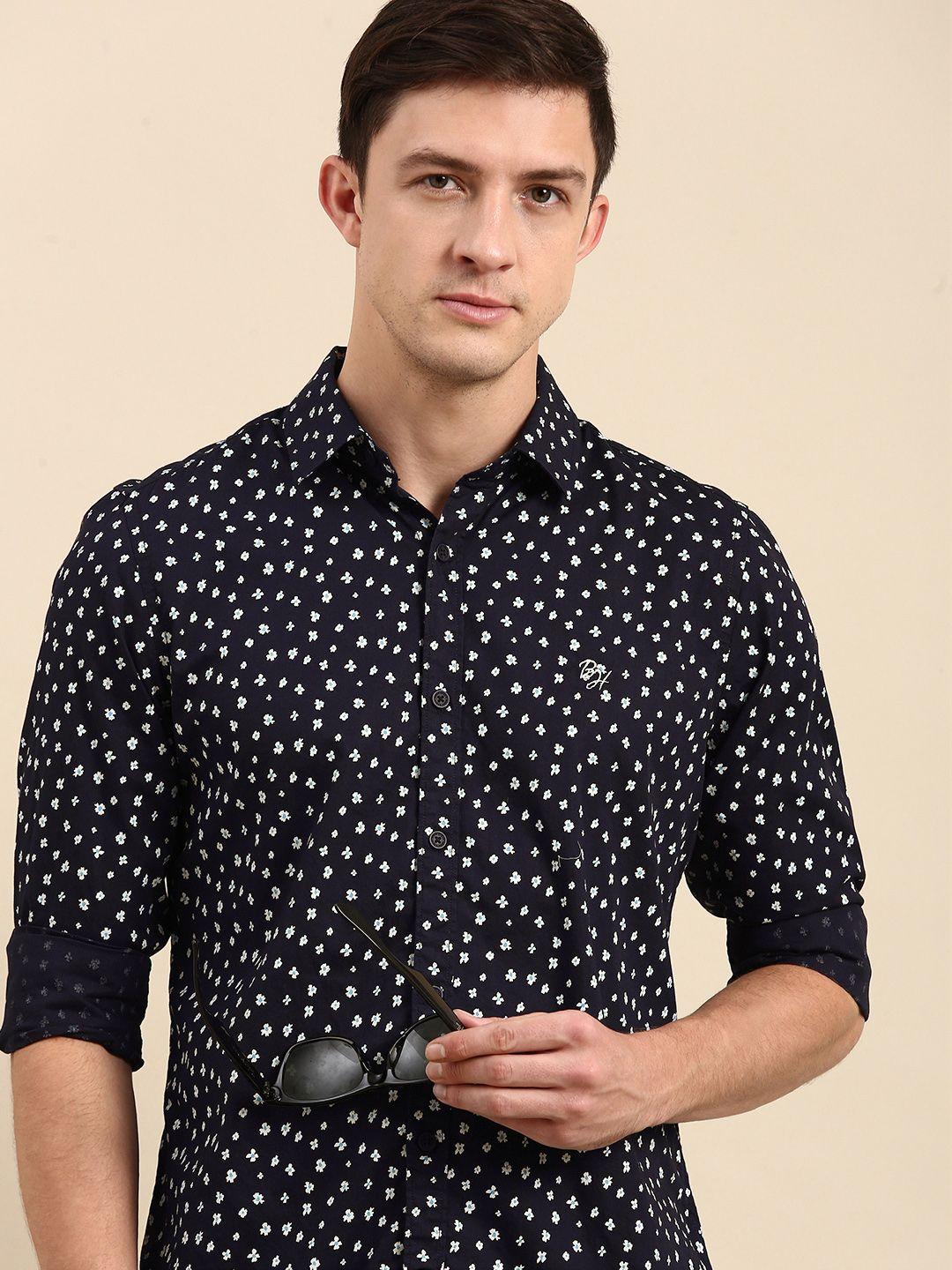 being human men navy blue slim fit floral printed pure cotton casual shirt