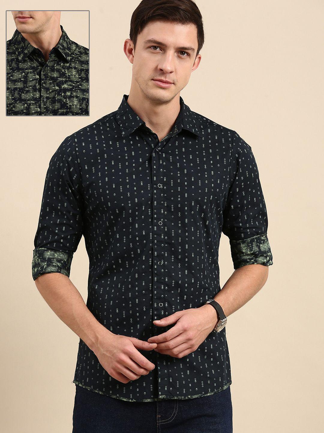 being human men navy blue slim fit printed reversible pure cotton casual shirt