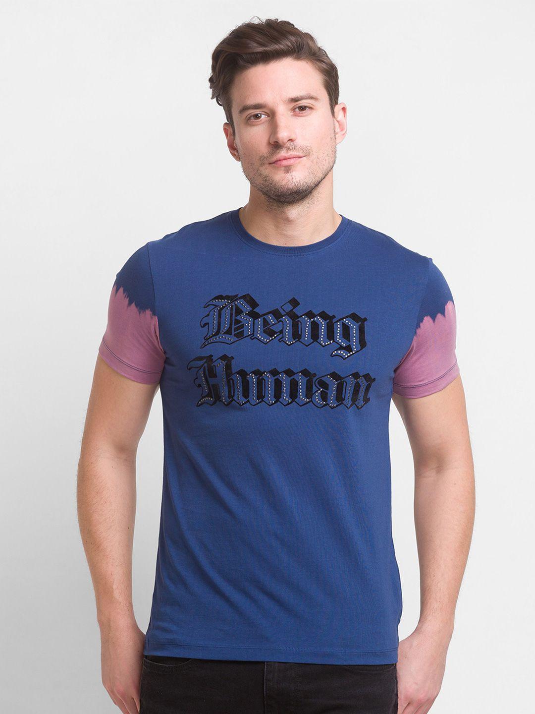 being human men navy blue typography printed cotton  t-shirt
