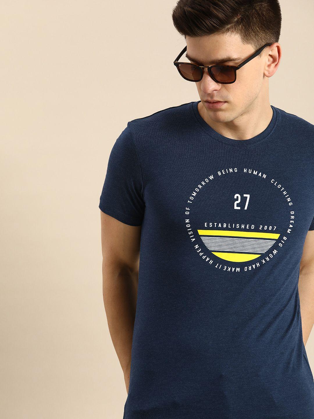 being human men navy blue typography printed round-neck casual t-shirt