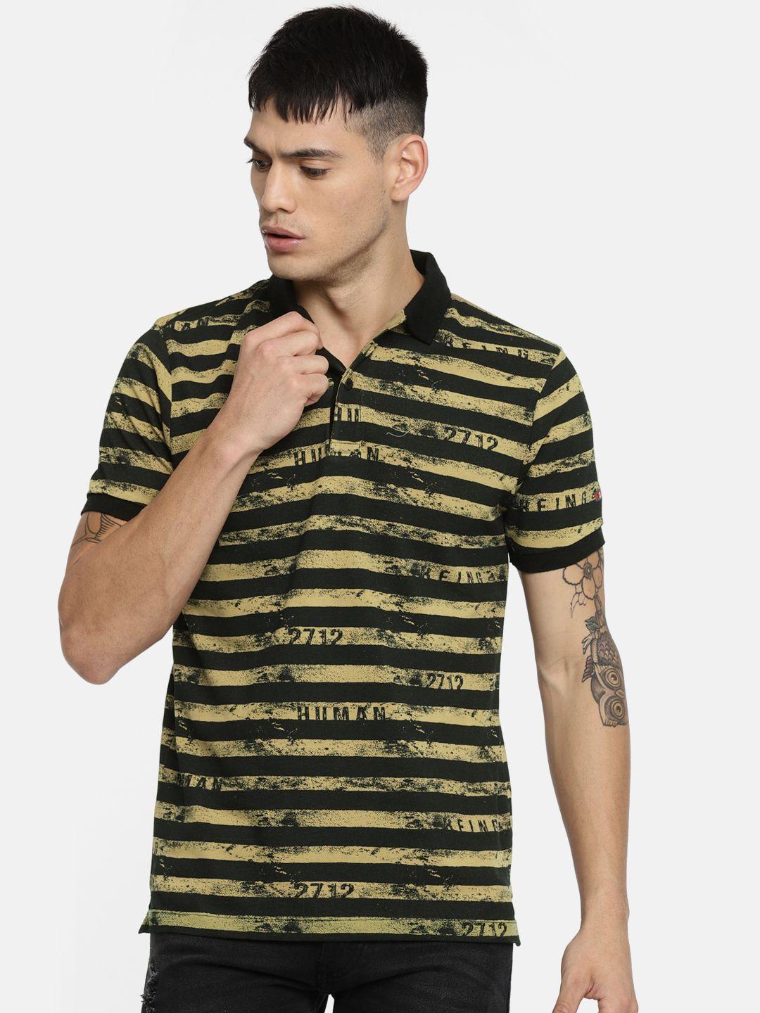 being human men olive green  black striped polo collar pure cotton t-shirt