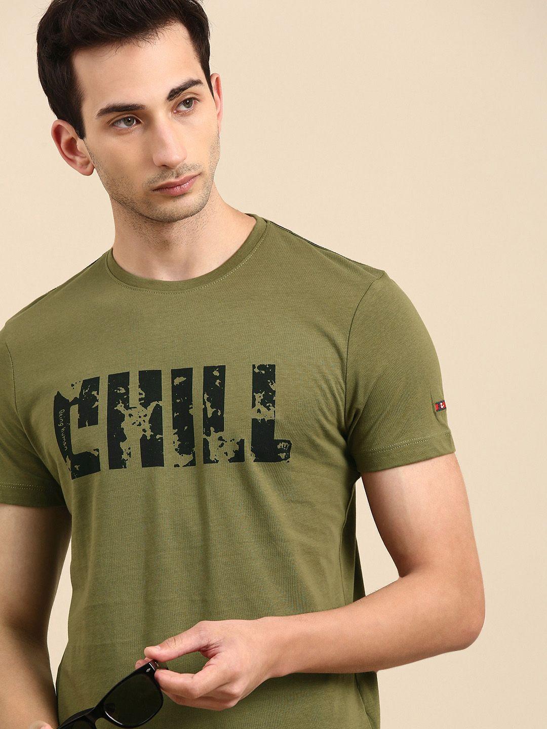 being human men olive green  black typography printed round neck pure cotton t-shirt