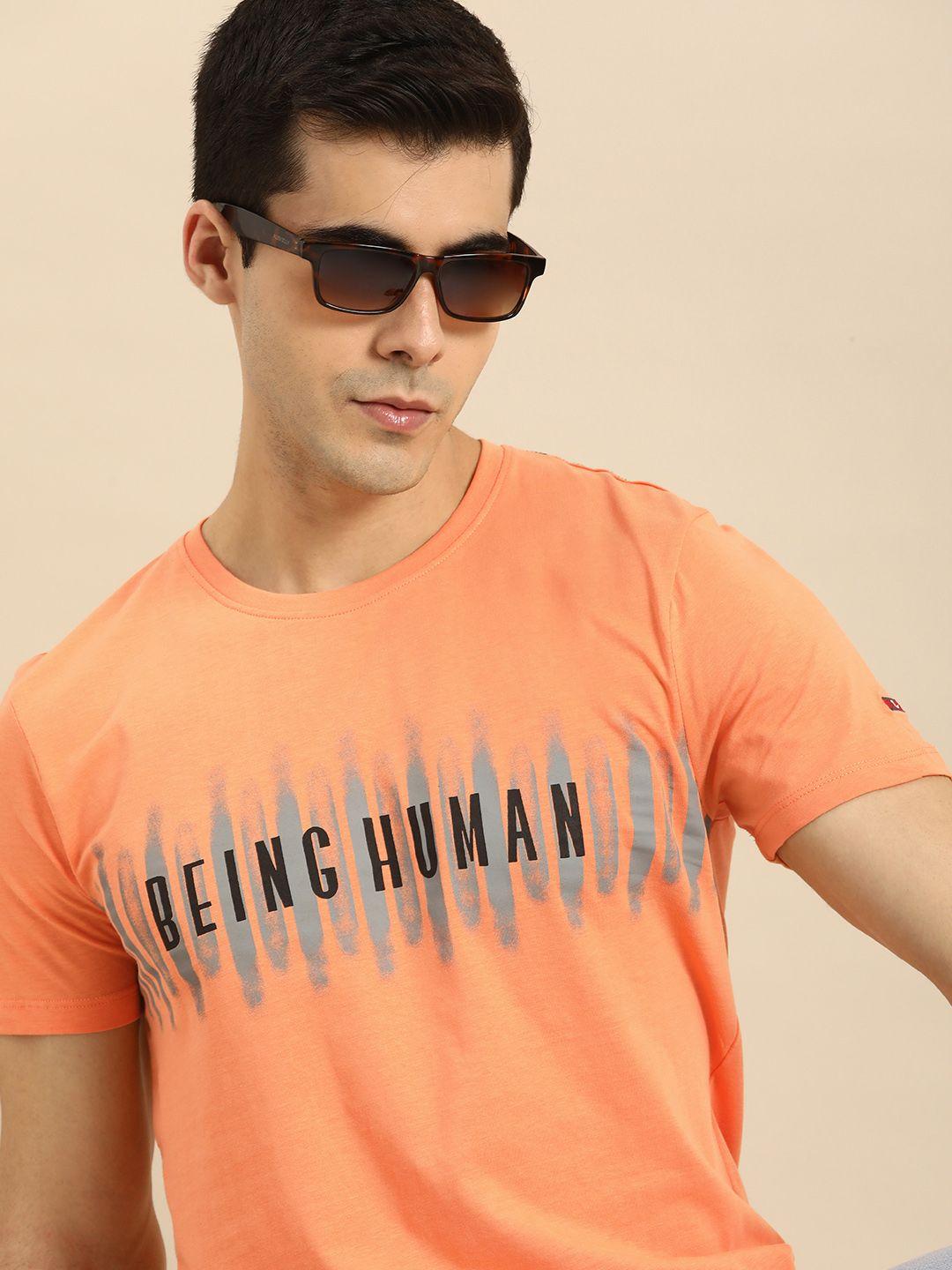 being human men orange & black typography printed pure cotton t-shirt