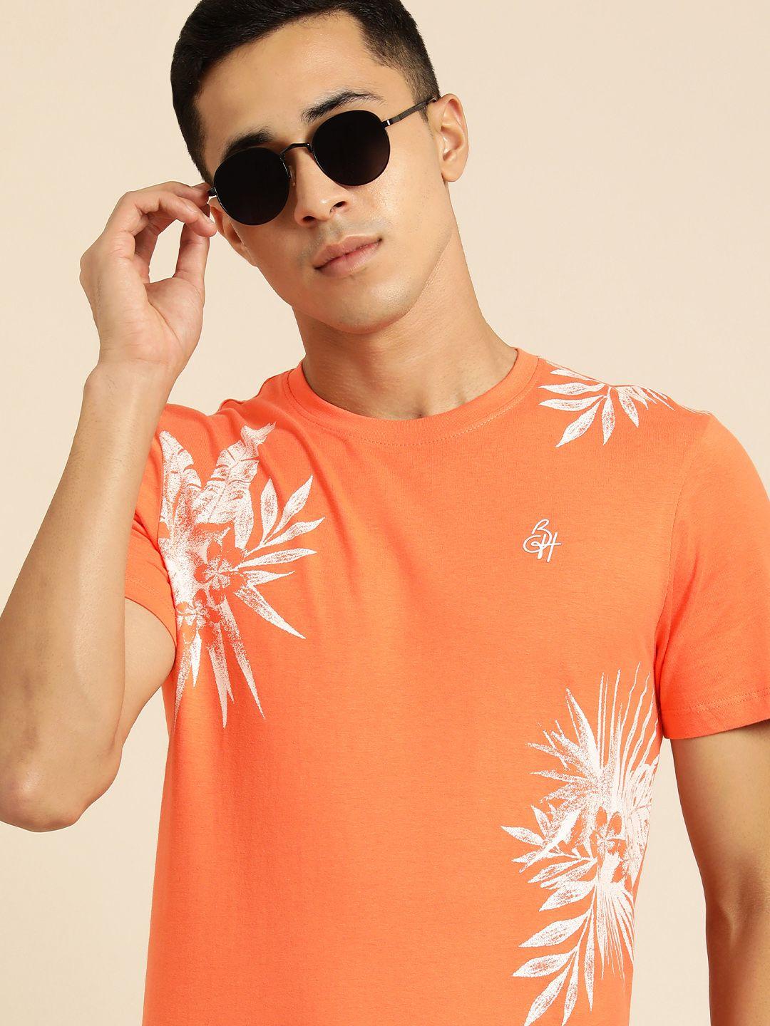 being human men orange & white floral printed pure cotton t-shirt