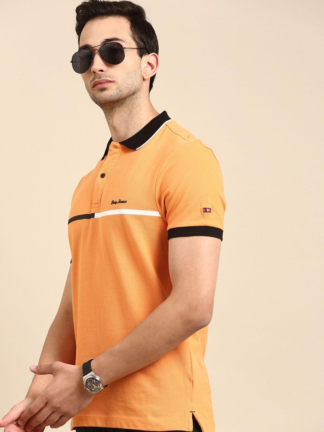being human men orange solid pure cotton polo collar pure cotton t-shirt with stripe detail