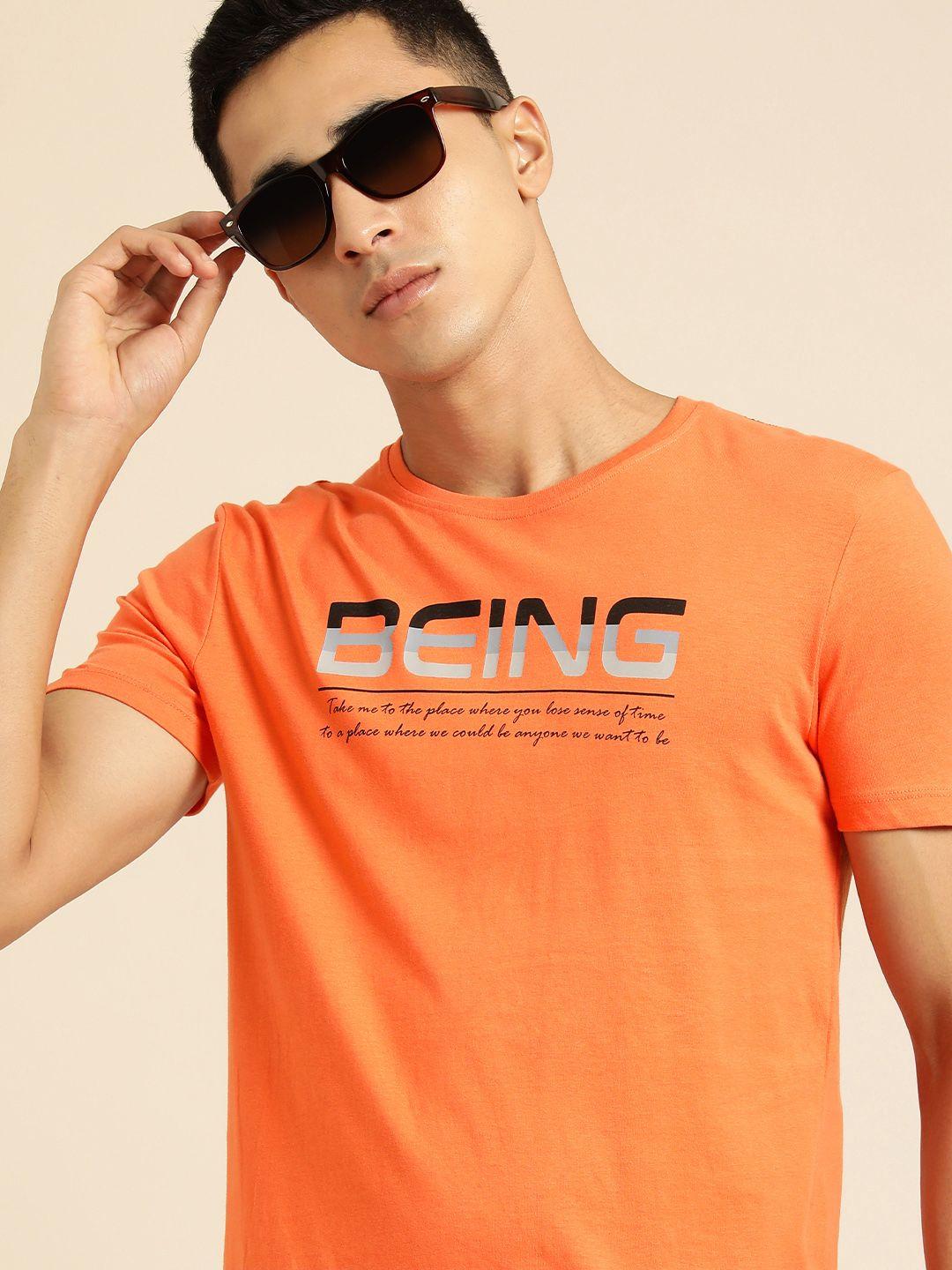 being human men orange typography printed pure cotton t-shirt