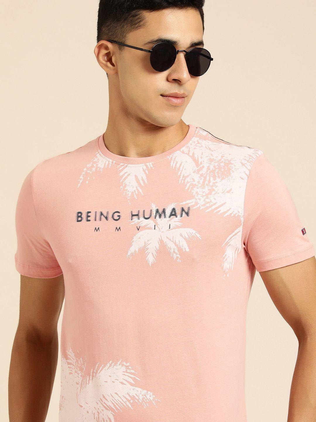 being human men peach-coloured & white printed tropical pure cotton t-shirt
