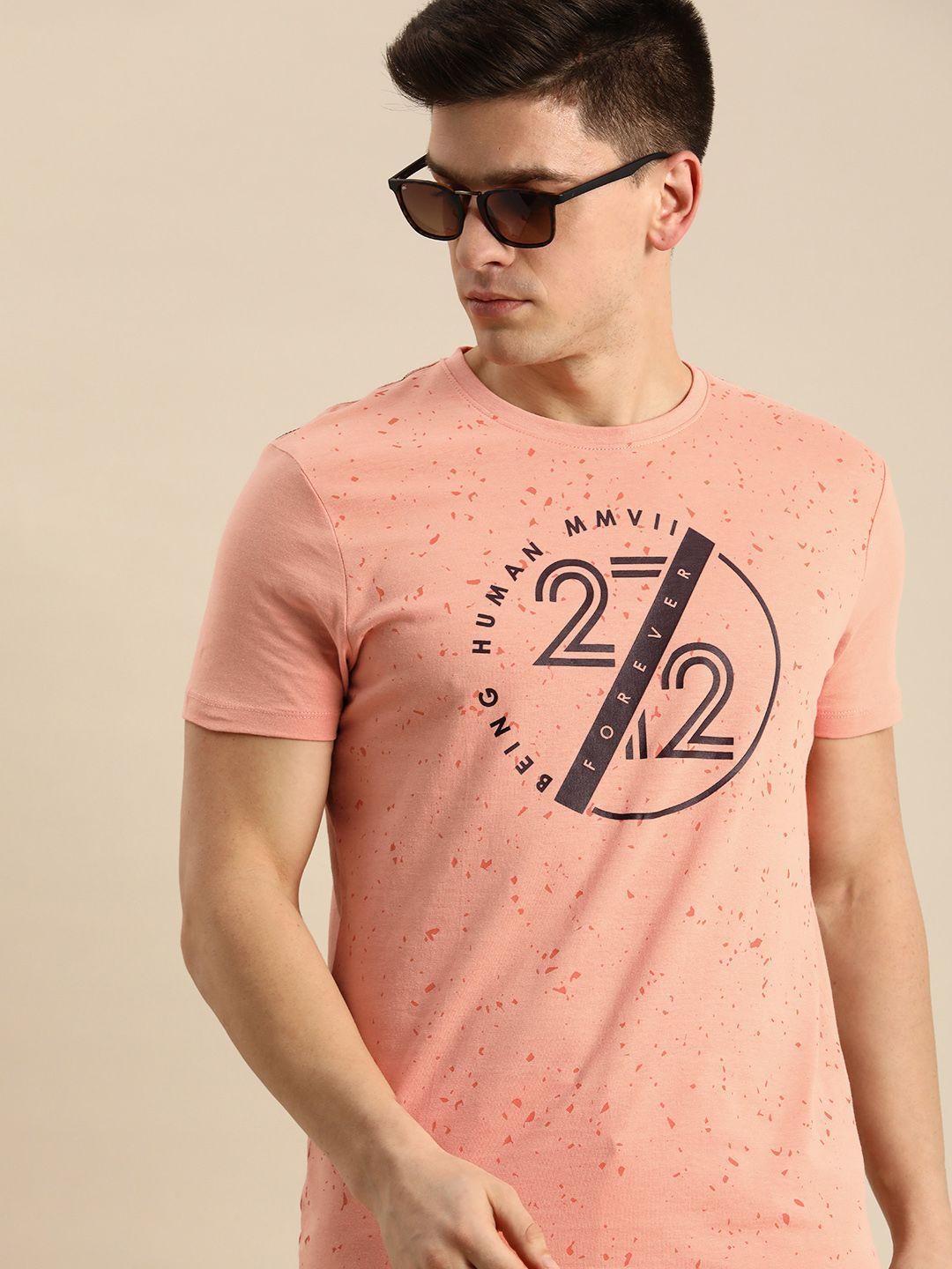 being human men peach-coloured brand logo printed pure cotton t-shirt