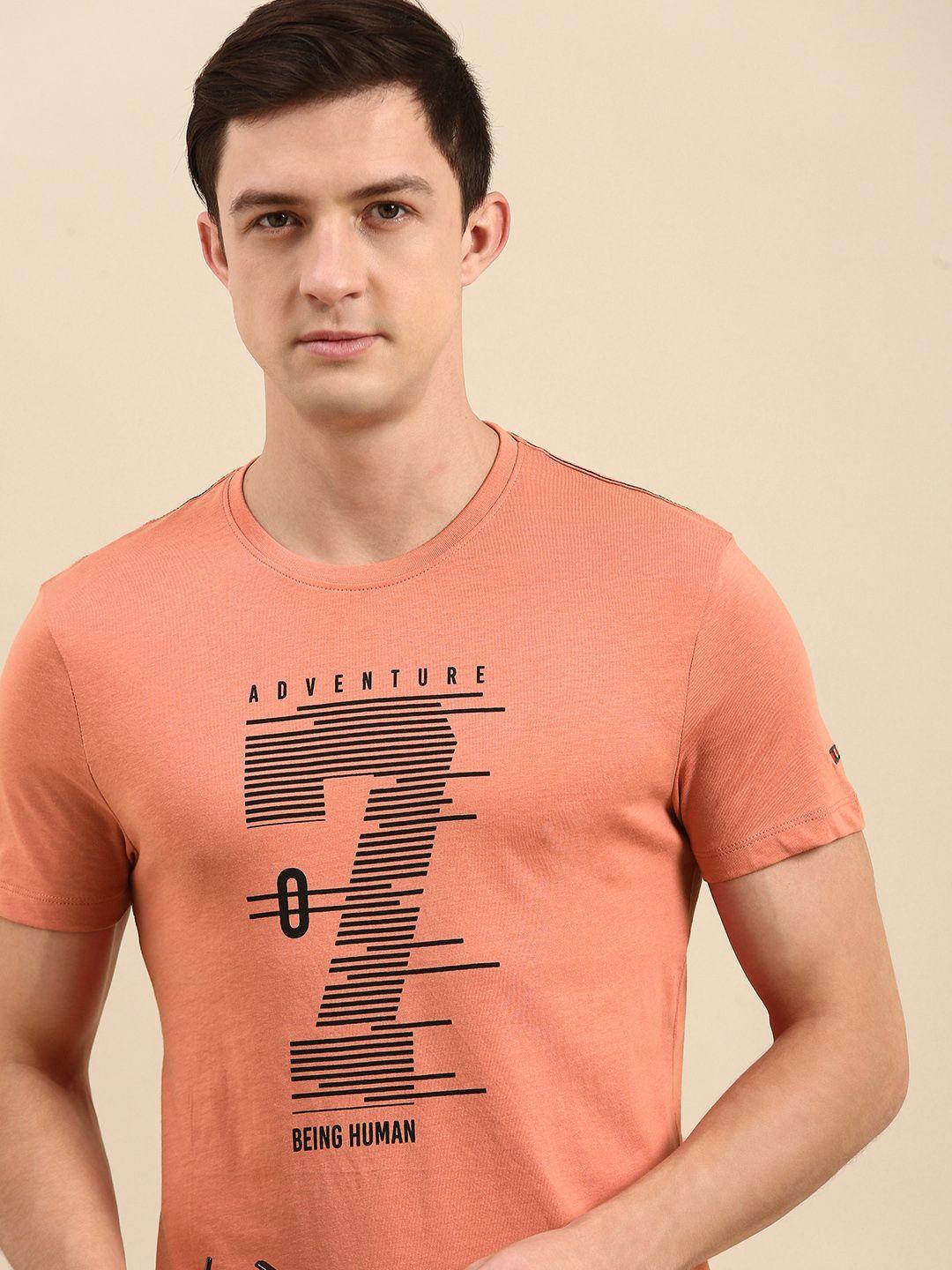 being human men peach-coloured typography printed pure cotton t-shirt