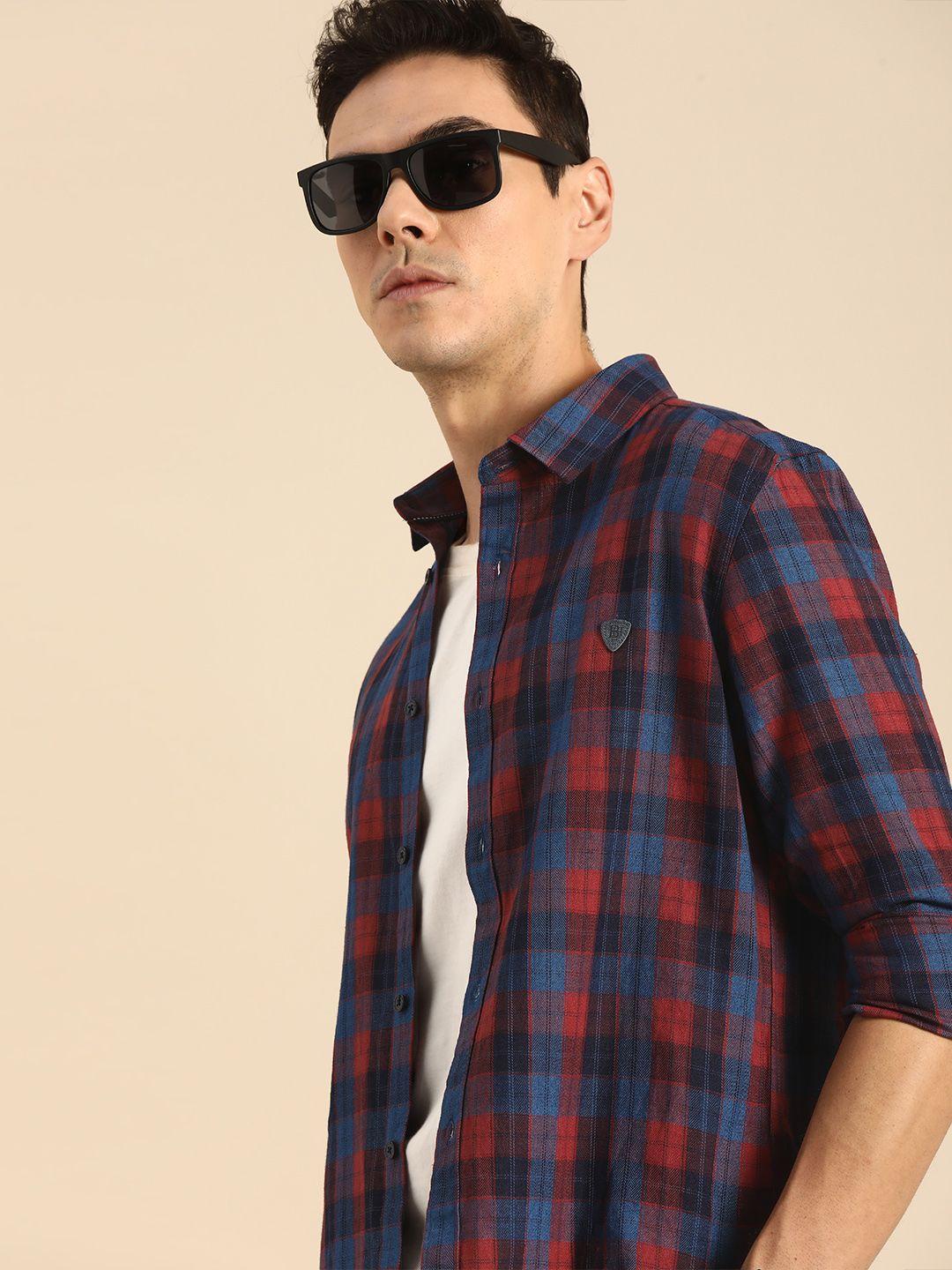 being human men red & blue checked slim fit casual shirt