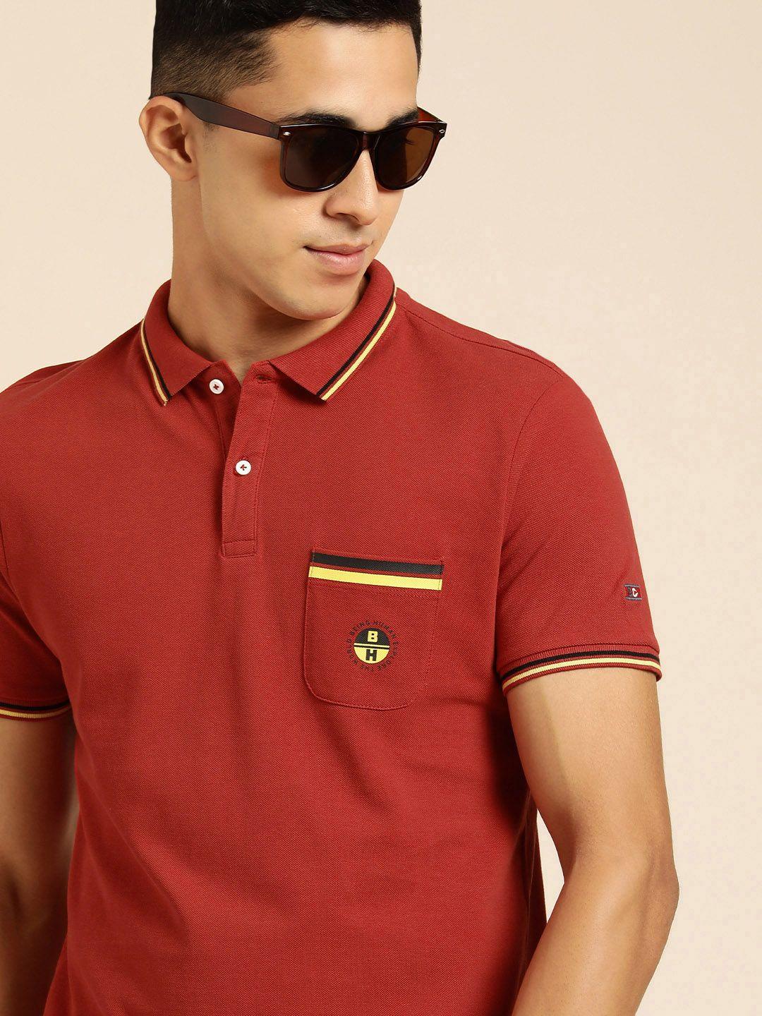 being human men red brand logo printed pure cotton polo collar t-shirt