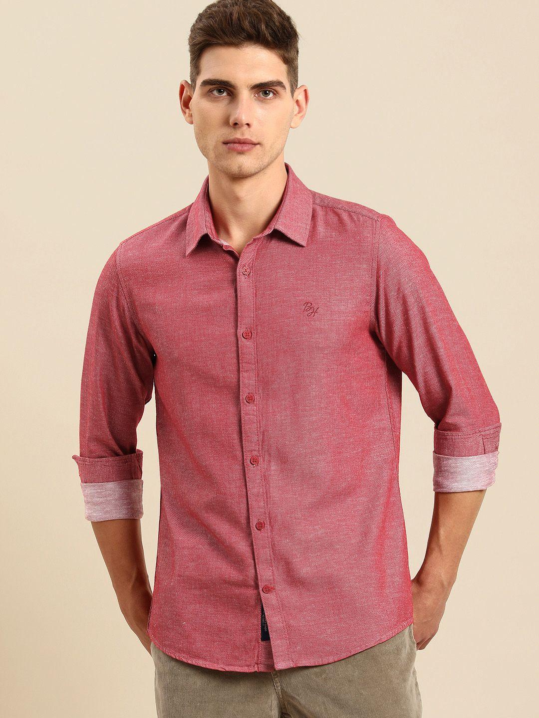 being human men red solid slim fit casual shirt