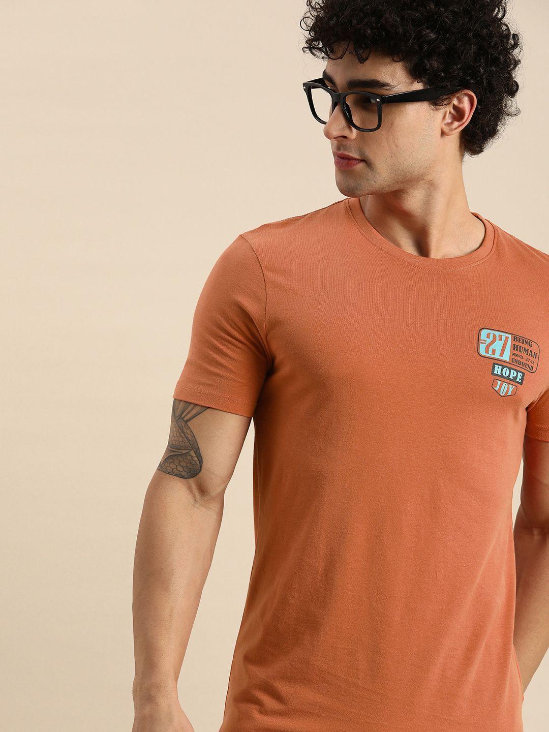 being human men rust orange t-shirt with printed detailing