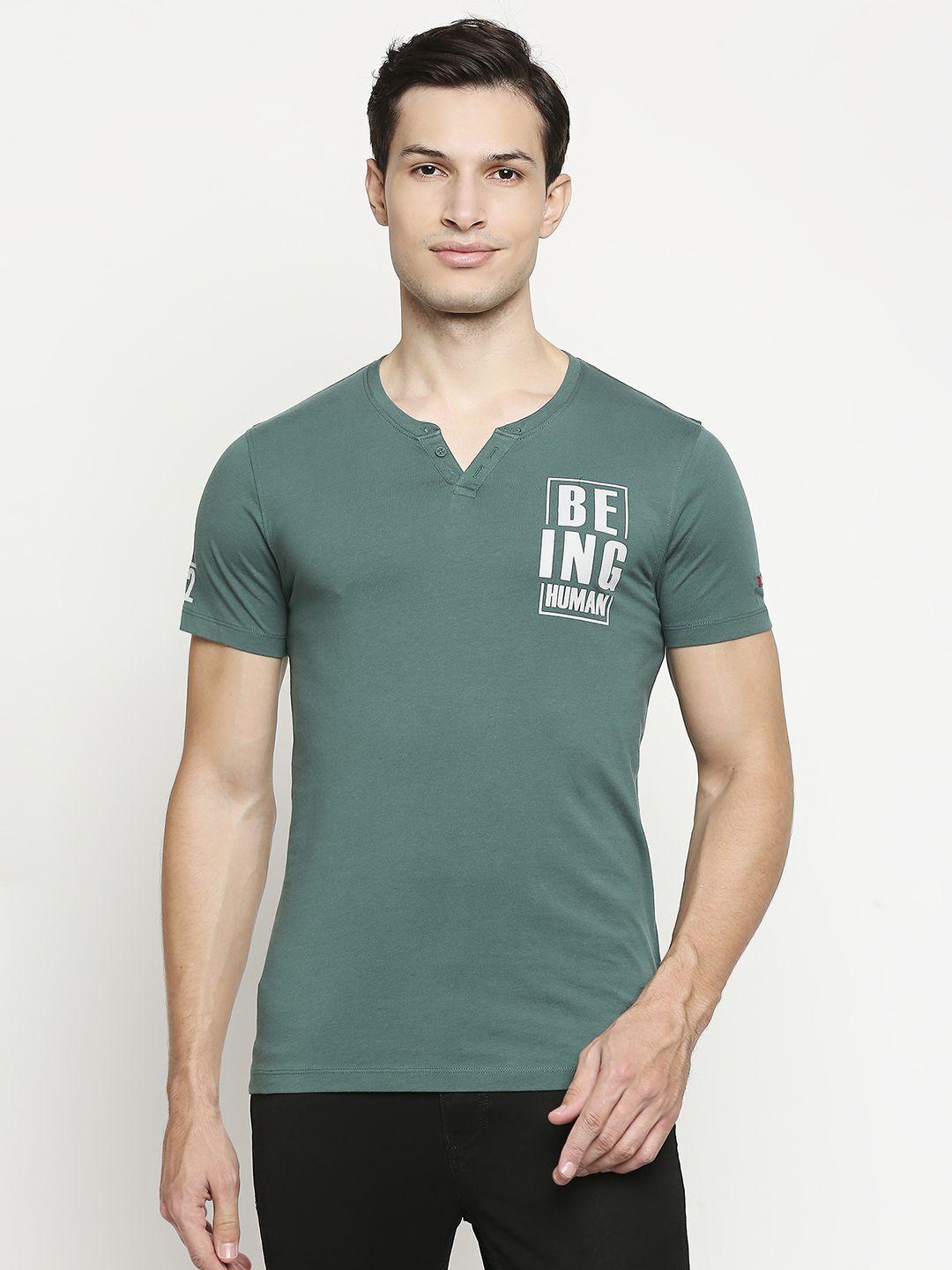 being human men teal green & white brand logo printed henley neck pure cotton t-shirt