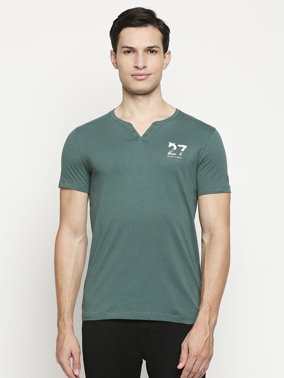 being human men teal green brand logo henley neck pure cotton t-shirt