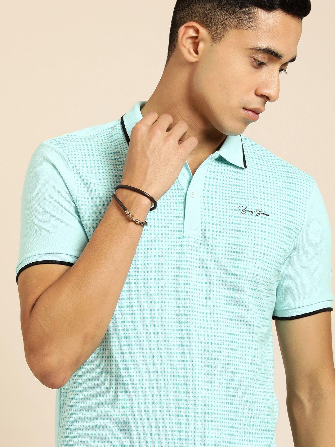 being human men turquoise blue printed polo collar pure cotton t-shirt