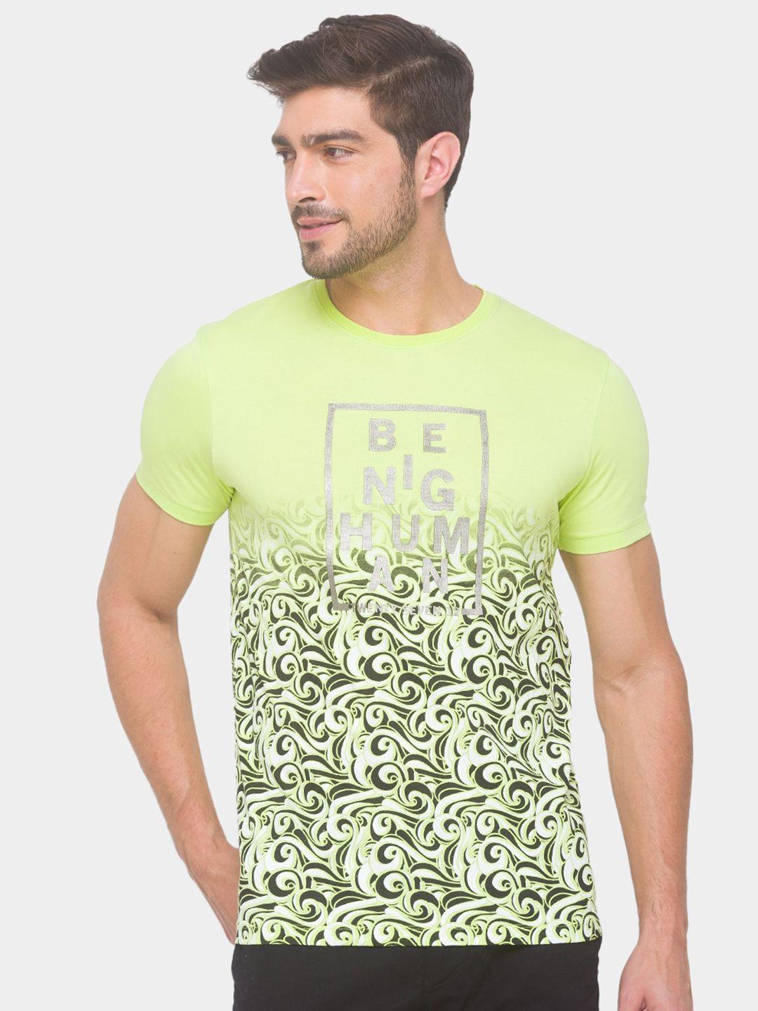 being human men yellow & green abstract printed pure cotton t-shirt