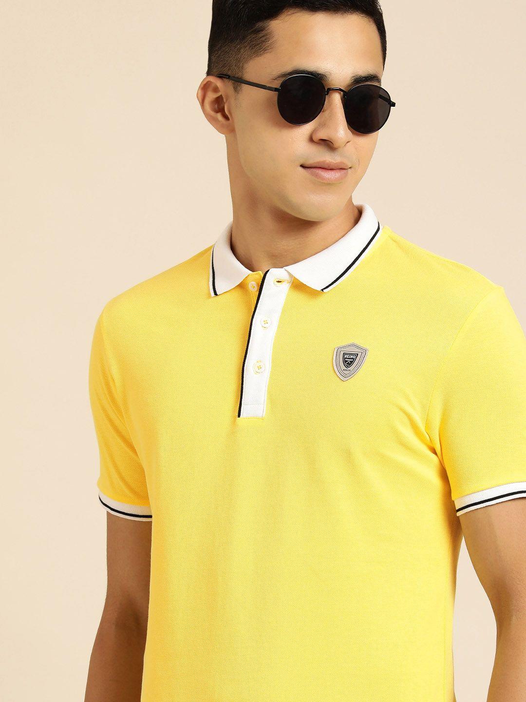 being human men yellow brand logo printed pure cotton  polo collar t-shirt