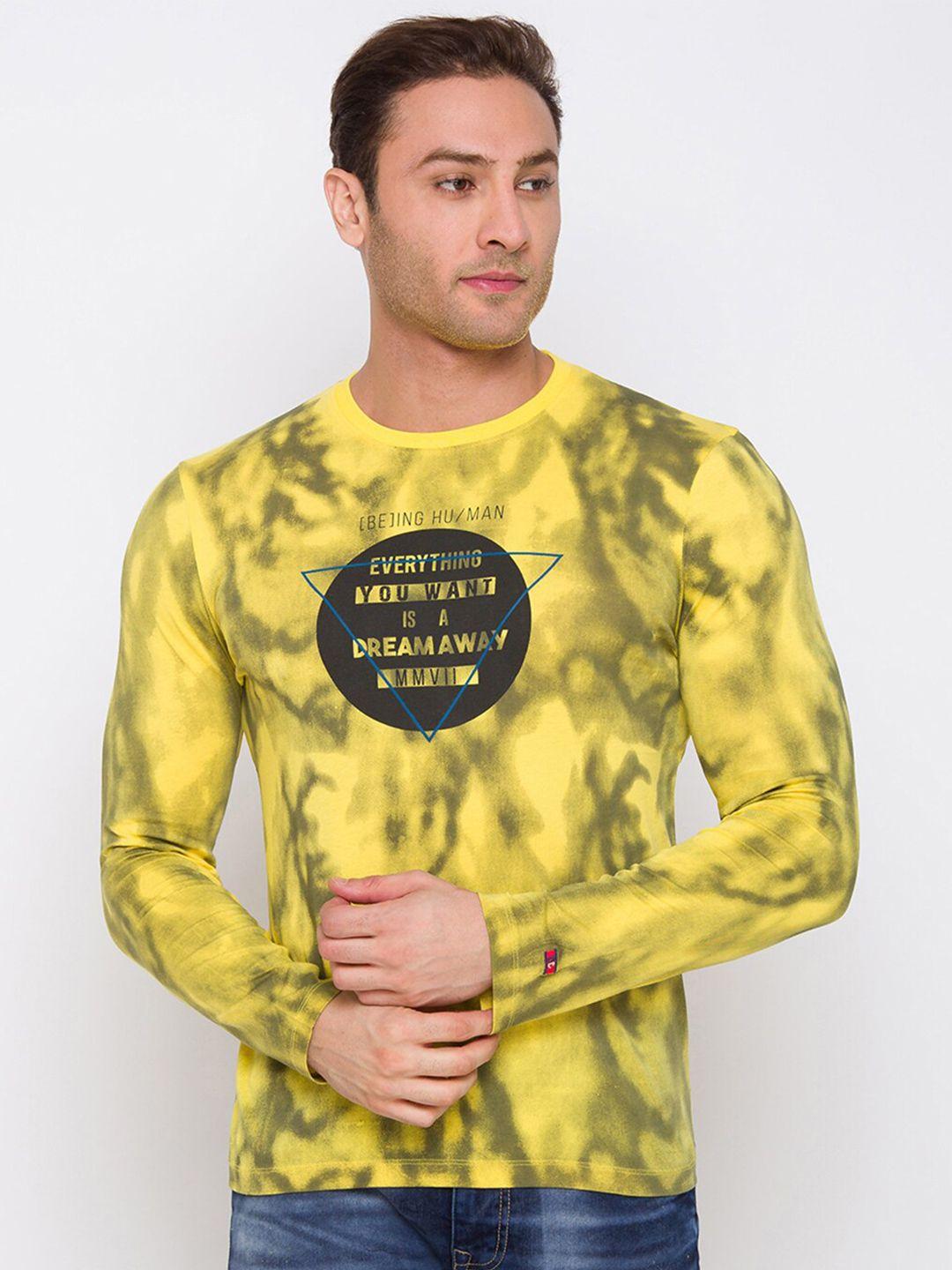being human men yellow printed pure cotton t-shirt
