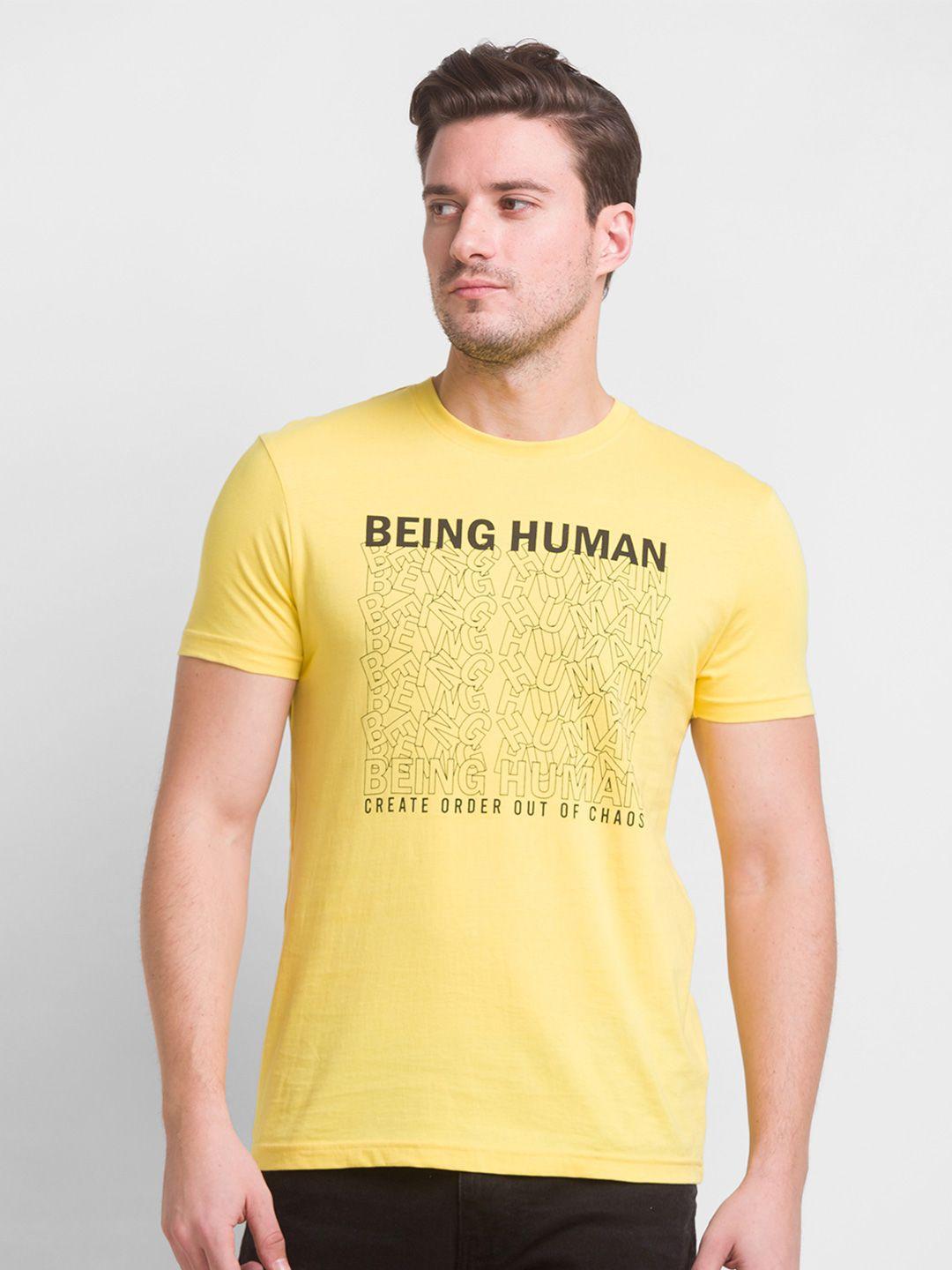 being human men yellow typography printed cotton monochrome t-shirt