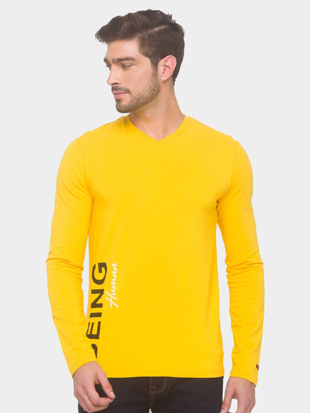 being human men yellow typography printed v-neck t-shirt