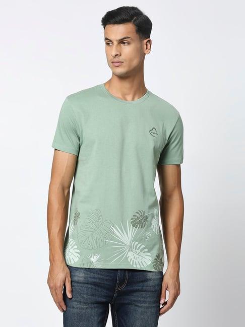 being human mint green regular fit floral print crew t-shirt