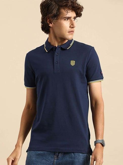 being human navy blue cotton regular fit printed polo t-shirt