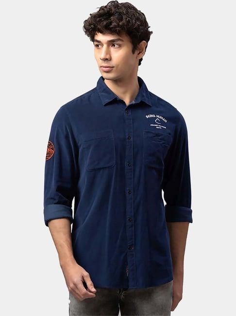 being human navy blue cotton slim fit printed shirts