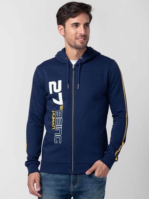 being human navy regular fit printed hooded sweatshirt