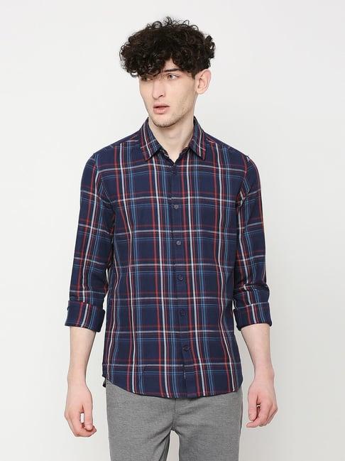 being human navy slim fit checks shirt