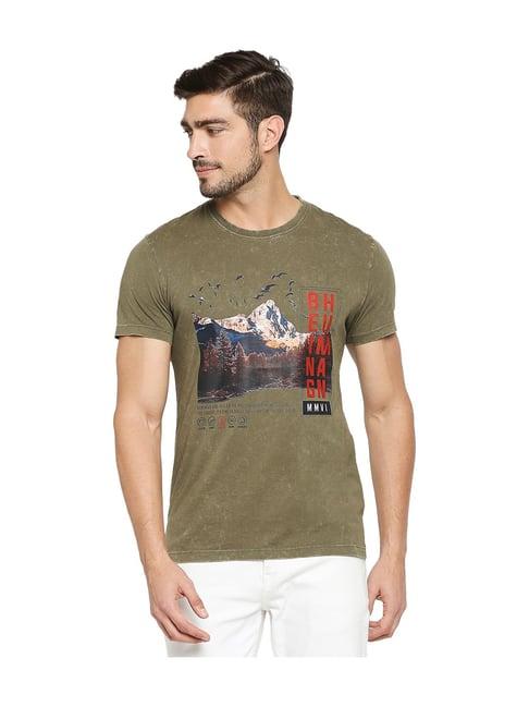 being human olive round neck printed t-shirt