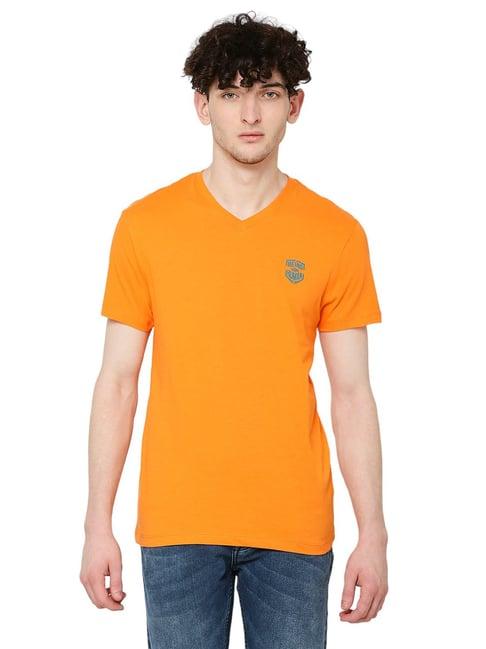 being human orange regular fit logo print v neck t-shirt